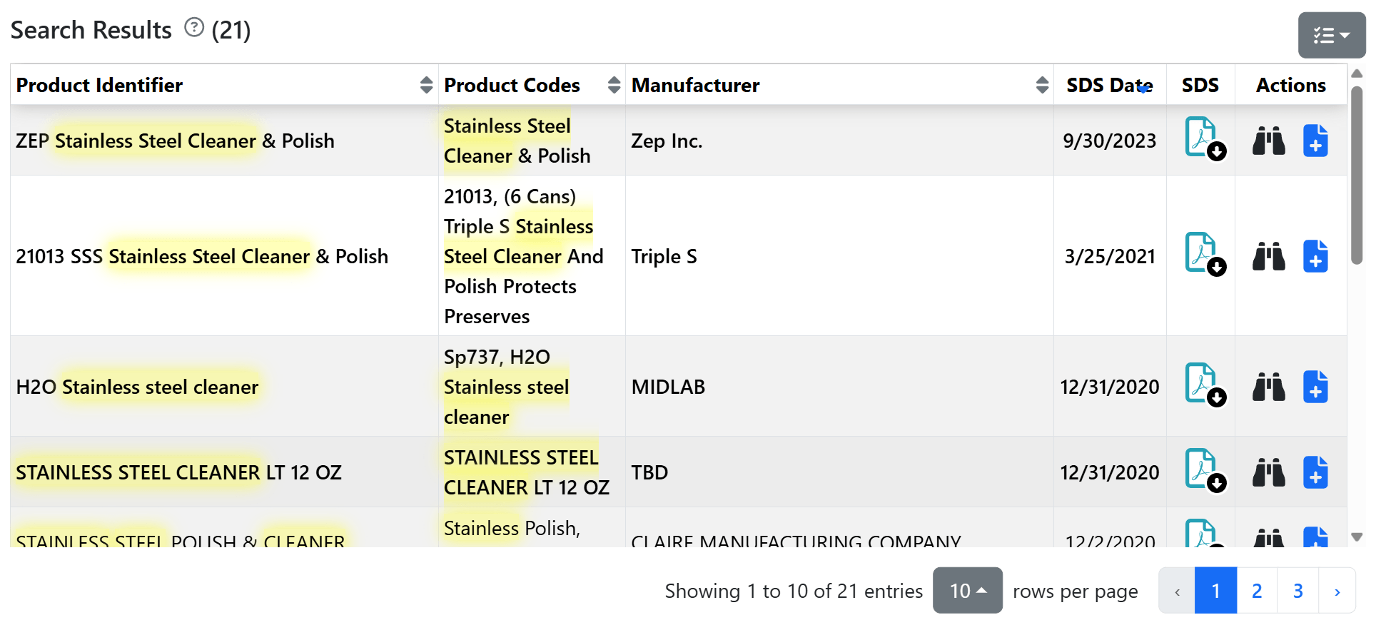 SDS Community Library search results for stainless steel cleaner safety data sheets