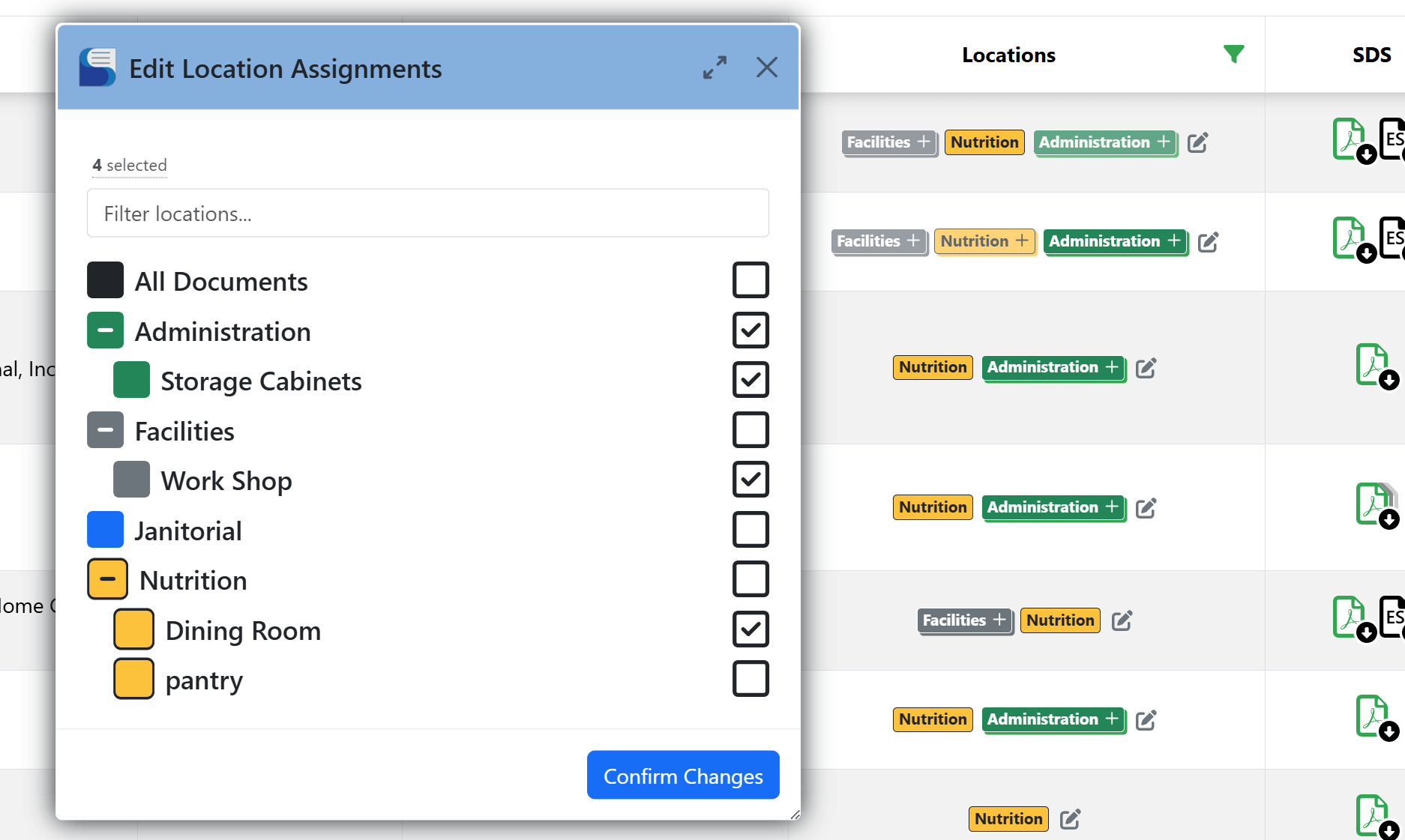 Location assignment dialog showing nested facility locations and selected chemical records