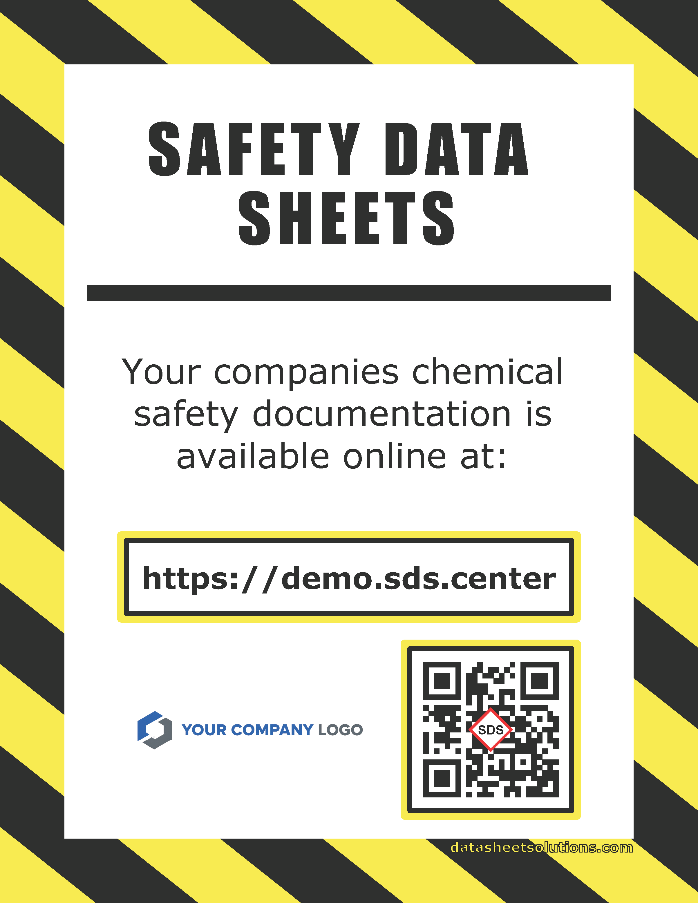 Safety Data Sheets flyer with a portal web address and QR code for employee access