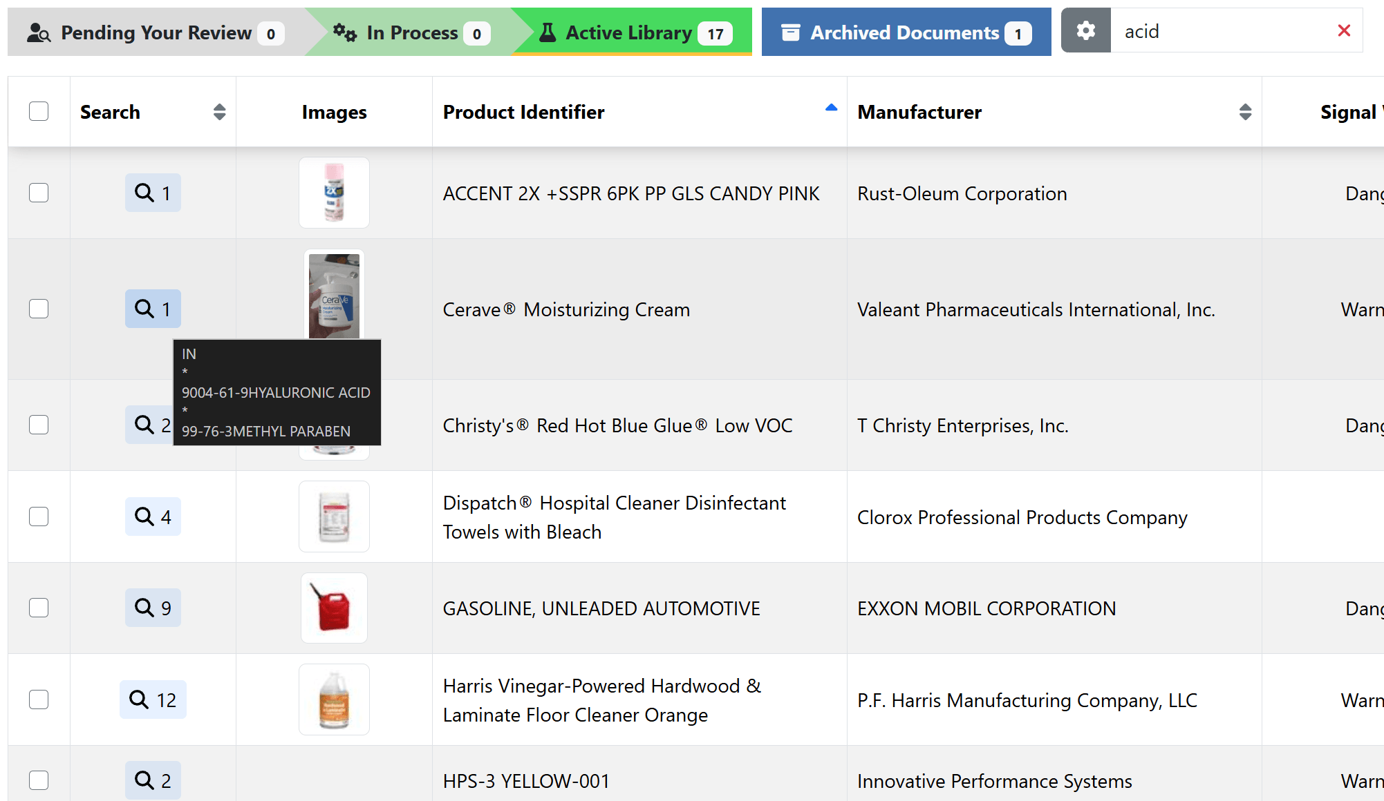 SDS Content Search showing matching term counts for safety data sheets in the active library