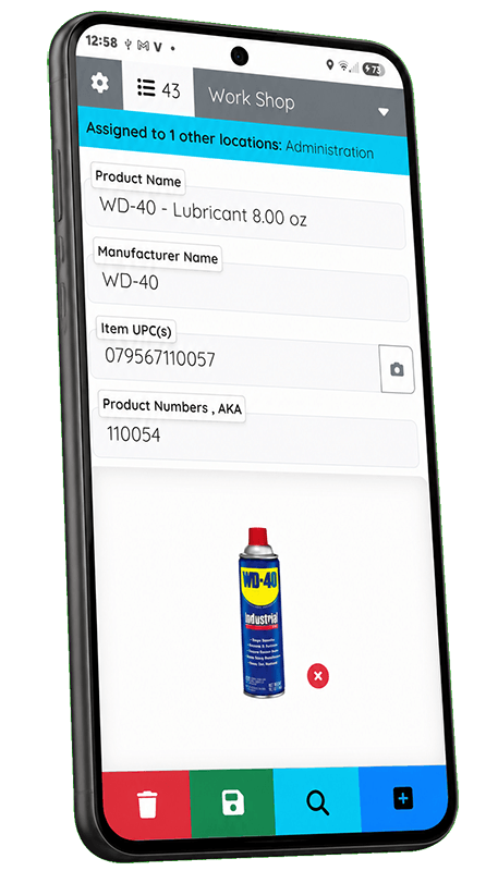 Mobile chemical inventory form showing a product record, UPC field and product photo